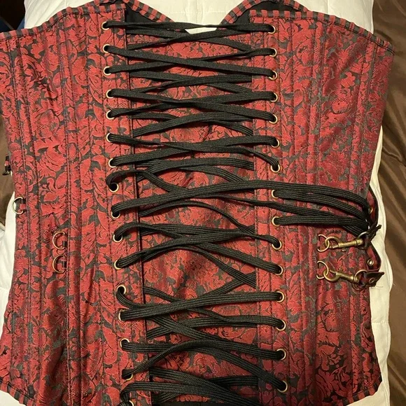 Red and Black Corset with Stripes and Floral Pattern - Picture 2 of 5